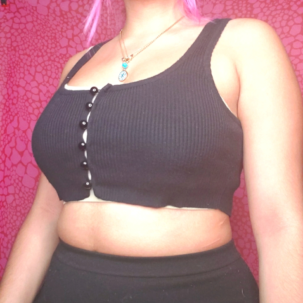 Black Ribbed Button-Up Crop Top